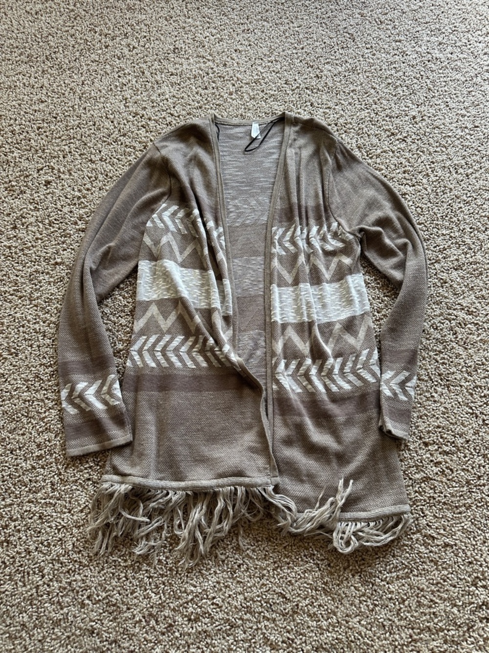 Vanity Taupe & Cream Fringe Tribal Open Cardigan